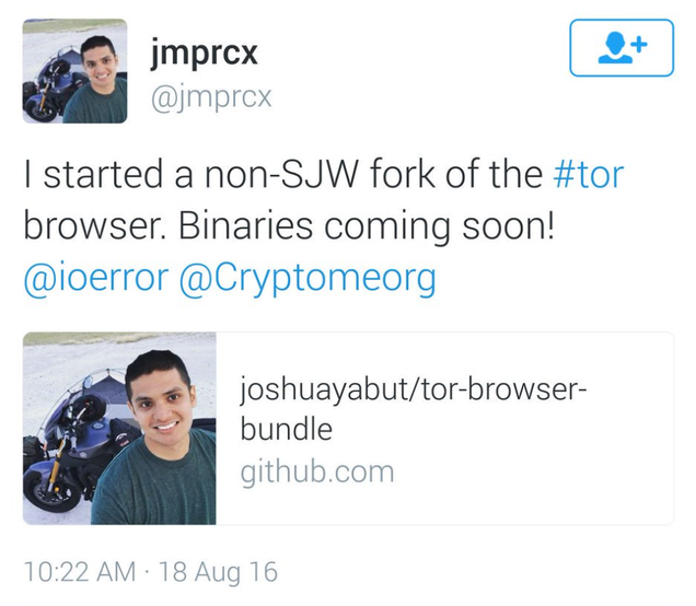 Now-deleted the former Twitter account of Joshua Philip Yabut announcing Tor fork project. Jacob Appelbaum (@ioerror) is copied on the tweet.